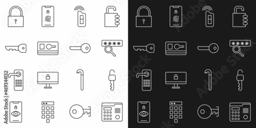 Set line House intercom system, Unlocked key, Password protection, Car with remote, Key card, Lock and icon. Vector