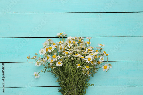 Chamomile bouquet on blue wooden background