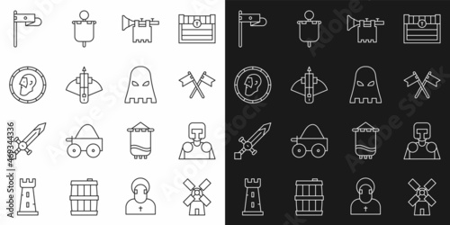 Set line Windmill, Medieval knight, Crossed medieval flag, Trumpet with, Battle crossbow arrow, Ancient coin, and Executioner mask icon. Vector