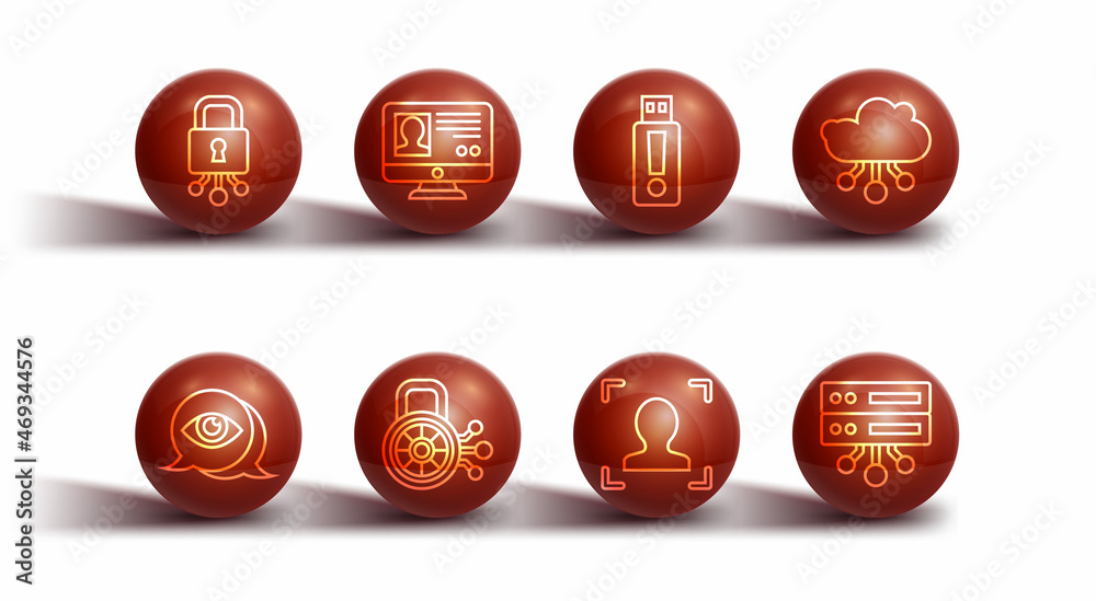 Set line Cyber security, Eye scan, Internet of things, Face recognition, Create account screen, Server, Data, Web Hosting and USB flash drive icon. Vector Set line Cyber security, Eye scan, Internet of things, Face recognition, Create account screen, Server, Data, Web Hosting and USB flash drive icon. Vector
