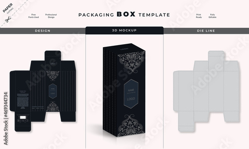 Box, Packaging  Die Cut  Template For Product with 3D Preview. 3d Box Mockup, Packaging design, Perfume luxury box design, Box die line, and Design elements. Illustration Vector design Template.
