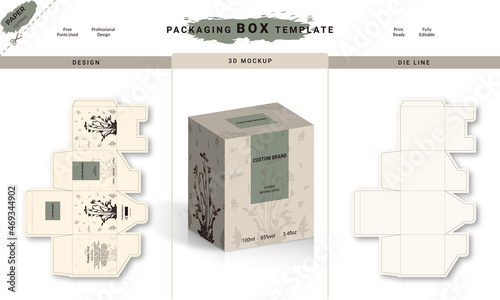 Box, Packaging  Die Cut  Template For Product with 3D Preview. 3d Box Mockup, Packaging design, Perfume luxury box design, Box die line, and Design elements. Illustration Vector design Template.