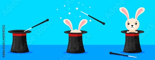 Rabbit magician hat. Magic hats with bunny ears, wizard conjure cylinder, circus show illusionist, abracadabra wand, cartoon cap, neat vector illustration
