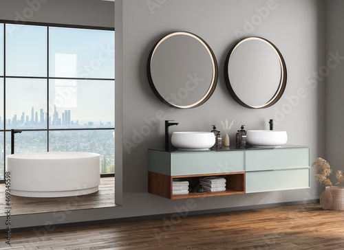 Modern bathroom interior with dark brown parquet floor  white oval bathtub and two sinks  side view. Minimalist bathroom with modern furniture and city view. 3D rendering