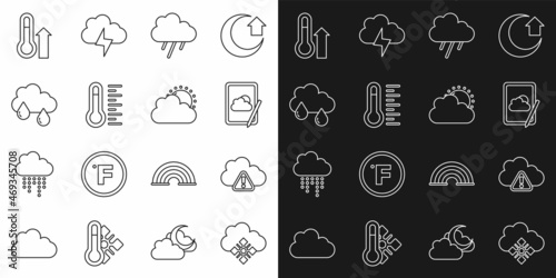 Set line Cloud with snow, Storm warning, Weather forecast, rain, Meteorology thermometer, and Sun and cloud weather icon. Vector