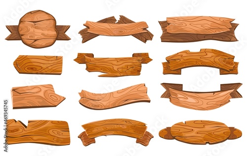 Cartoon wooden ribbons. Wood board sign, game signboard, old banner plank, hardwood texture panel, brown timber, western frame, design element tidy vector illustration