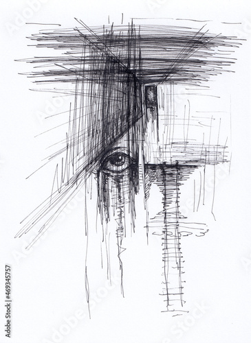 Abstract grunge style ink painting of distant door and human eye. Concept of emotional emptiness, depression, grief, sad feelings, feeling lost, loneliness. Original artwork. Dark surrealistic art.