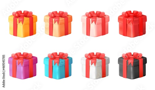 3d color giftbox. Present gift boxes icon, closed pink orange purple red prize, soft bow birthday surprise, set realistic minimal design tidy isolated vector illustration