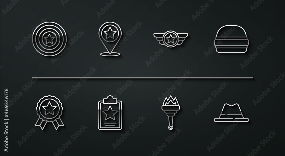 Set line American star shield, Medal with, Burger, Torch flame, USA Independence day, Man hat ribbon and Star military icon. Vector Set line American star shield, Medal with, Burger, Torch flame, USA Independence day, Man hat ribbon and Star military icon. Vector