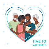 Family vaccination and protection against the virus. Vaccination time. A married couple with a child and elderly parents hug after vaccination and are protected from the virus. Vector illustration.