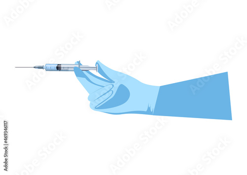 A hand in a medical glove holds a disposable syringe for injection. Vector illustration in flat style isolated on white background.