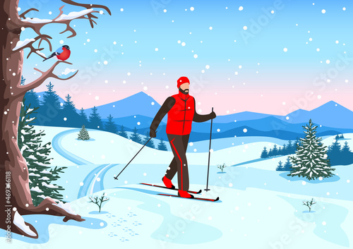 Vector illustration of a young man in a ski suit is skiing in the forest. Winter recreation and sports. Active lifestyle. Extreme sports.