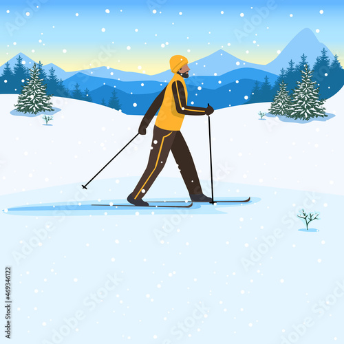 Vector illustration of a young man in a ski suit is skiing in the forest. Winter recreation and sports. Active lifestyle. Extreme sports.