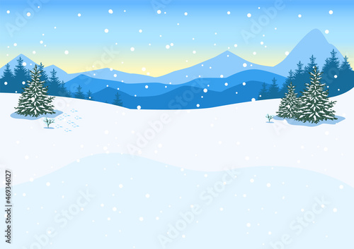 Winter landscape with mountains, snowfall and fir trees. Flat vector illustration background. © liana2012