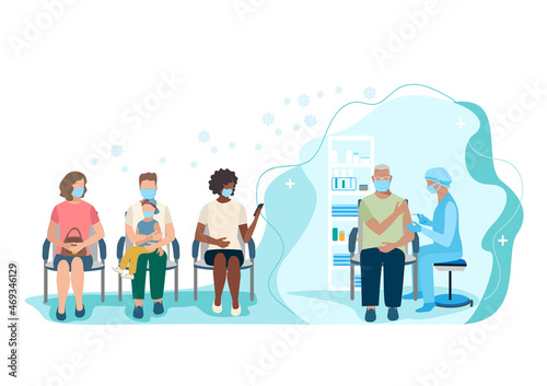 A nurse injects an antivirus vaccine into an elderly man. Patients are waiting in line to get vaccinated. Vaccination time. Vector illustration. Prevention of viral infection.