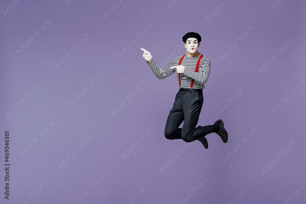 Full size body length young mime man with white face mask wear striped ...