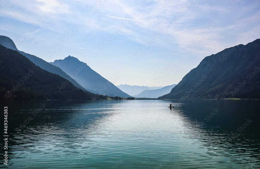 Tranquil Scenery of Lake Achen in Tyrol. Beautiful View of Achensee with Mountains in Austria Nature.