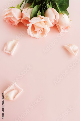 Flowers background.Pink roses  frame top view on pink background with copy sp...