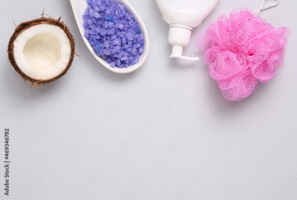 Set of bath accessories on a gray background. Top view. Copy space Set of bath accessories on a gray background. Top view. Copy space
