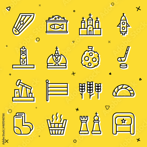 Set line Ushanka, Dumpling, Ice hockey stick and puck, Church building, King crown, Slavic pagan idol, Kankles and Moon with flag icon. Vector