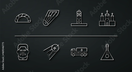 Set line Dumpling, Joseph Stalin, Church building, Tanker truck, Satellite, Kankles, Balalaika and Slavic pagan idol icon. Vector