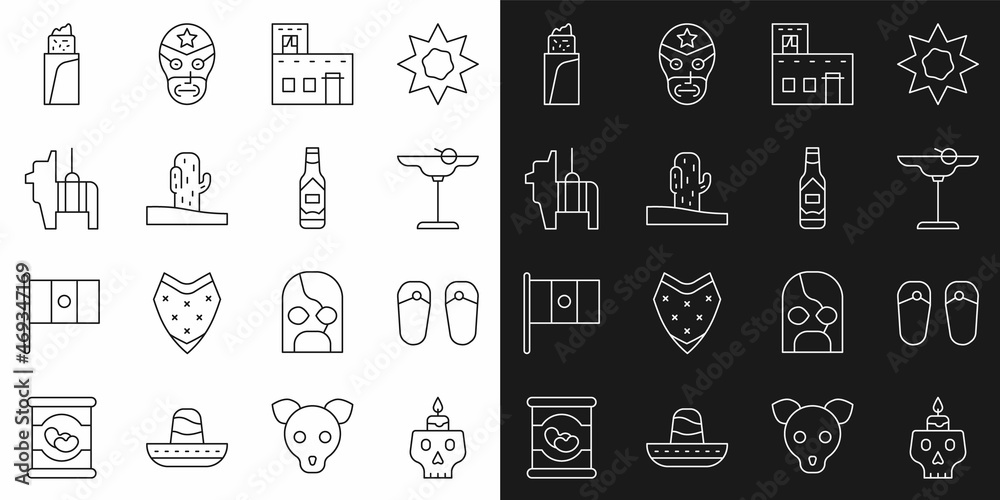 Set line Burning candle on a skull, Flip flops, Margarita cocktail, Mexican house, Cactus, Pinata, Burrito and Tabasco sauce icon. Vector