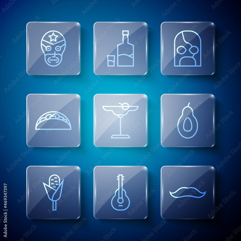 Set line Corn, Mexican guitar, Mustache, wrestler, Margarita cocktail, Taco with tortilla, and Avocado icon. Vector Set line Corn, Mexican guitar, Mustache, wrestler, Margarita cocktail, Taco with tortilla, and Avocado icon. Vector