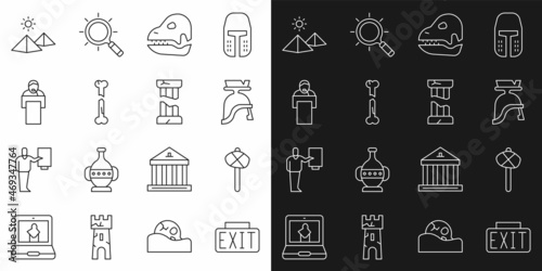 Set line Exit sign, Stone age hammer, Roman army helmet, Dinosaur skull, Human broken bone, Gives lecture, Egypt pyramids and Broken ancient column icon. Vector