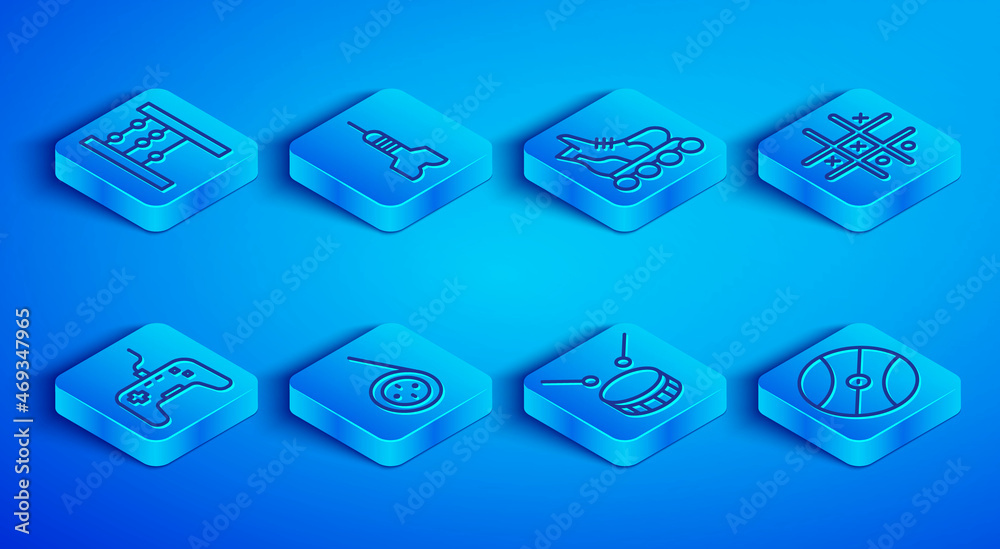 Set line Abacus, Dart arrow, Roller skate, Yoyo toy, Drum with drum sticks, Tic tac toe game, Gamepad and Basketball ball icon. Vector Set line Abacus, Dart arrow, Roller skate, Yoyo toy, Drum with drum sticks, Tic tac toe game, Gamepad and Basketball ball icon. Vector