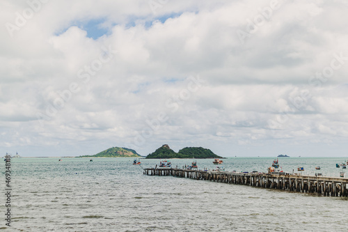 Sea view of gulf of Thailand with fisherman boat and small islands.