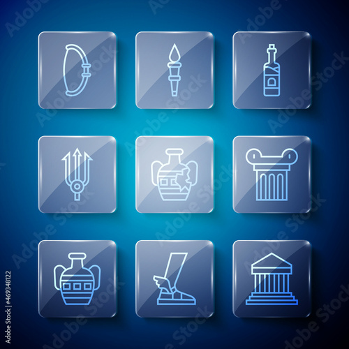 Set line Ancient amphorae, Hermes sandal, Parthenon, Bottle of wine, Broken, Neptune Trident, Medieval bow and column icon. Vector