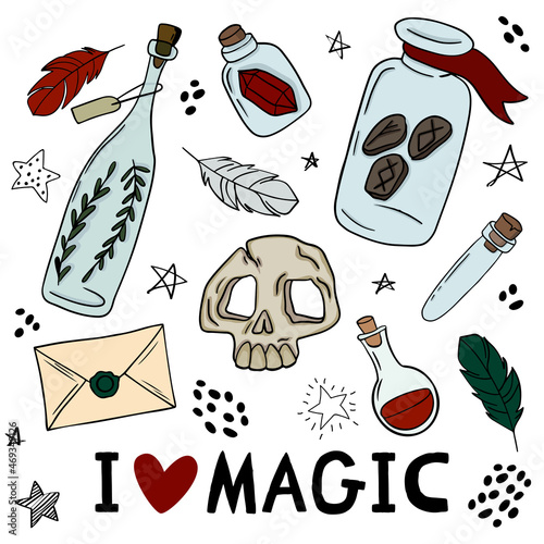 Various elements for witches in school illustrations with the inscription "I love magic". skull, potion bottles, letter, stars, feathers, dots. Vector illustration