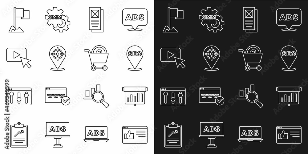 Set line Browser window, Board with graph chart, SEO optimization, Target sport, Advertising, Location marker and Shopping cart and dollar icon. Vector Set line Browser window, Board with graph chart, SEO optimization, Target sport, Advertising, Location marker and Shopping cart and dollar icon. Vector