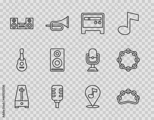 Set line Metronome with pendulum, Tambourine, Guitar amplifier, Microphone, Home stereo, Stereo speaker, Location musical note and icon. Vector