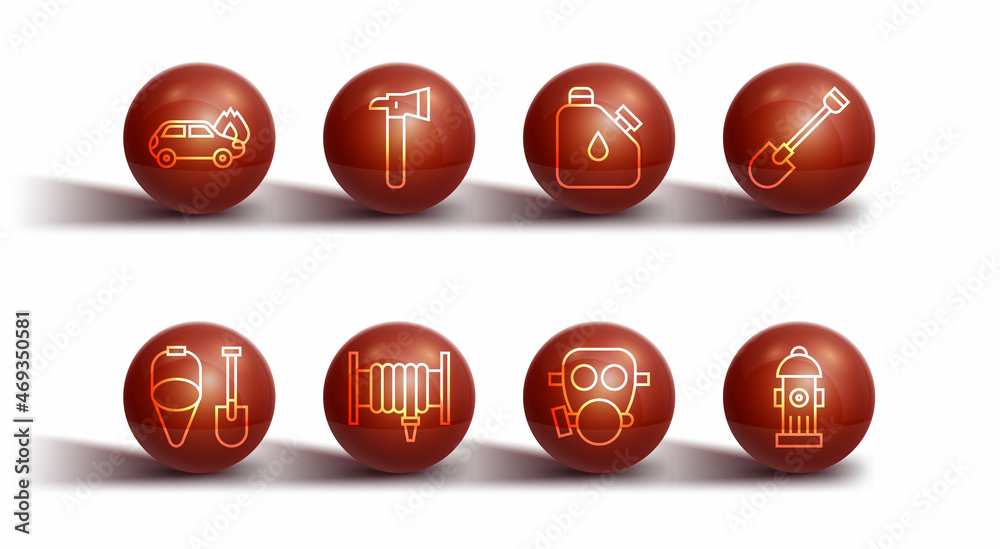 Set line Burning car, Fire shovel and bucket, Gas mask, hose reel, Firefighter axe, hydrant and Canister fuel icon. Vector Set line Burning car, Fire shovel and bucket, Gas mask, hose reel, Firefighter axe, hydrant and Canister fuel icon. Vector