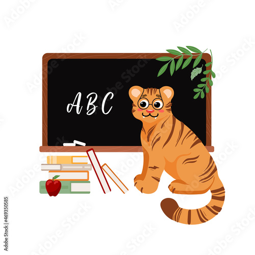 Cute illustration, tiger with glasses, studying at school. Science, schoolboy, student, blackboard, textbooks, apple. Symbol of Chinese New Year 2022. For posters, postcards, banners, design elements