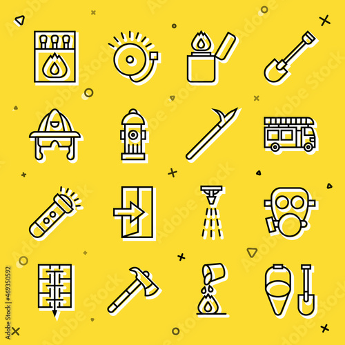 Set line Fire shovel and bucket, Gas mask, truck, Lighter, hydrant, Firefighter helmet, Matchbox matches and Metal pike pole icon. Vector