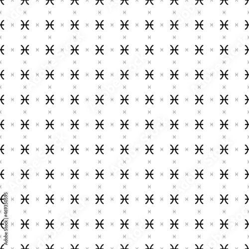 Square seamless background pattern from black zodiac pisces symbols are different sizes and opacity. The pattern is evenly filled. Vector illustration on white background