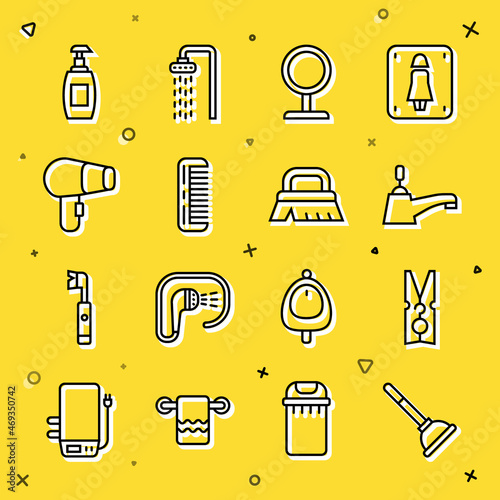 Set line Rubber plunger, Clothes pin, Water tap, Round makeup mirror, Hairbrush, dryer, Bottle of liquid soap and Brush for cleaning icon. Vector