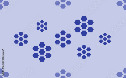 Seamless pattern of large isolated blue hive symbols. The pattern is divided by a line of elements of lighter tones. Vector illustration on light blue background