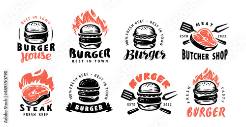 Set food emblems. Burger, meat steak. Design elements for logo, label, emblem, sign, menu