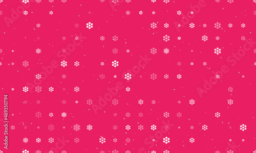 Seamless background pattern of evenly spaced white hive symbols of different sizes and opacity. Vector illustration on pink background with stars