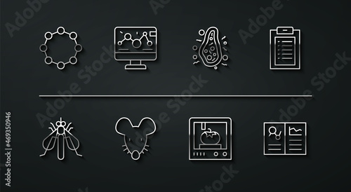 Set line Chemical formula, Experimental insect, Clinical record, 3D printing technology, mouse, Genetic engineering modification, and Bacteria icon. Vector