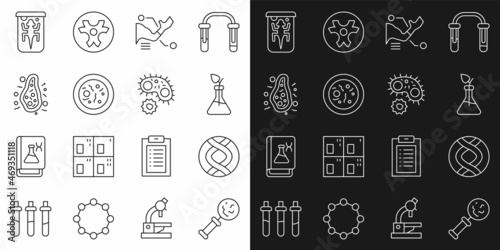 Set line Microorganisms under magnifier, DNA symbol, Plant breeding, Prosthesis hand, Petri dish with bacteria, Bacteria, Experimental animal and Virus icon. Vector