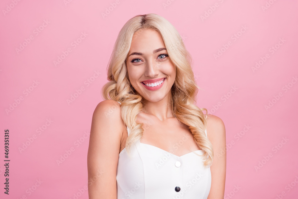 Photo of adorable pretty young lady wear white overall smiling isolated pink color background Photo of adorable pretty young lady wear white overall smiling isolated pink color background