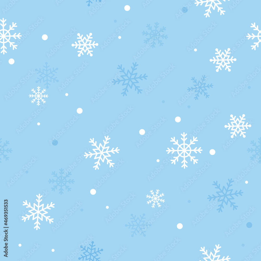 Light blue background. Christmas seamless pattern with snowflakes abstract background. White snowflakes. Vector illustration.