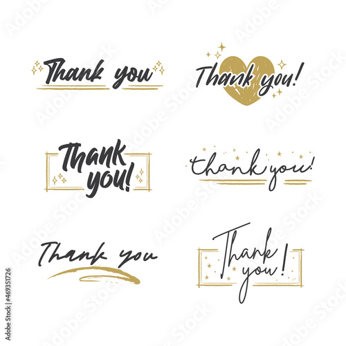 Thank You lettering compositions written with decorative calligraphic font. Bundle of gratitude phrase decorated with cute elements. Hand drawn thanks vector quotes.