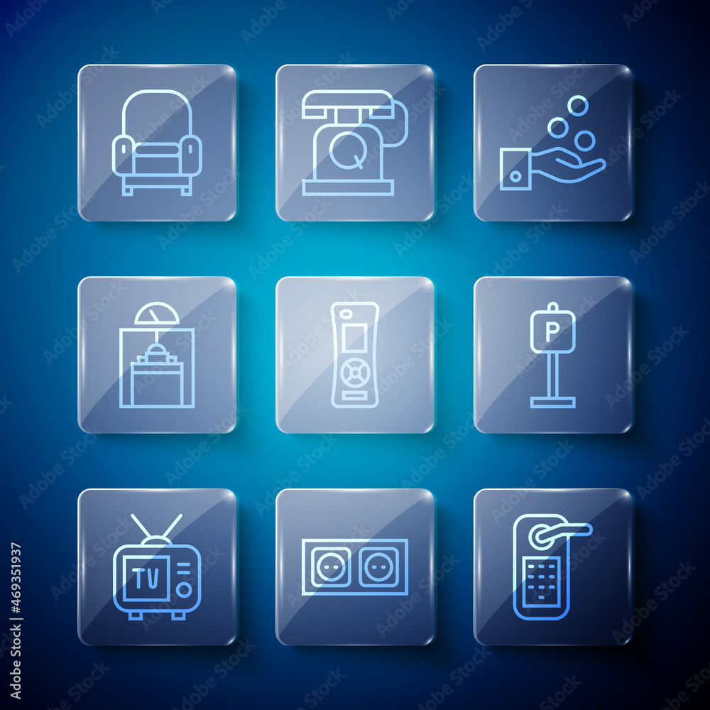 Set line Retro tv, Electrical outlet, Digital door lock, Paying tips, Remote control, Lift, Armchair and Parking icon. Vector Set line Retro tv, Electrical outlet, Digital door lock, Paying tips, Remote control, Lift, Armchair and Parking icon. Vector