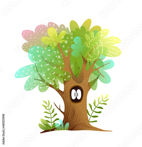 Hollow tree and spooky funny eyes looking out from the tree. Kids fairytale watercolor style mystery illustration. Isolated forest clipart for children vector design.