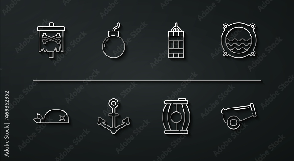 Set line Pirate flag, bandana for head, Ship porthole with seascape, Gun powder barrel, Anchor, Bomb ready to explode, Cannon and Dynamite bomb icon. Vector Set line Pirate flag, bandana for head, Ship porthole with seascape, Gun powder barrel, Anchor, Bomb ready to explode, Cannon and Dynamite bomb icon. Vector